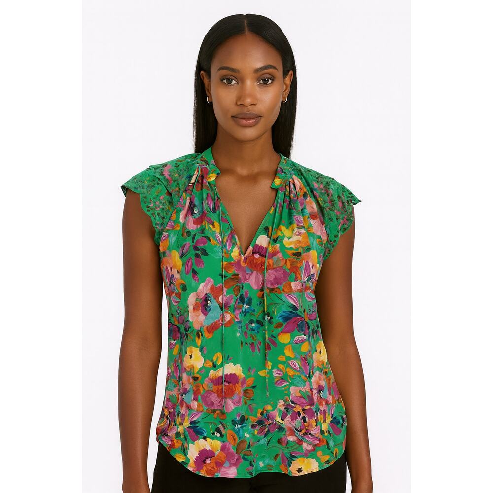 Caballero Green Floral‎ Ruffle Sleeve Viscose Top